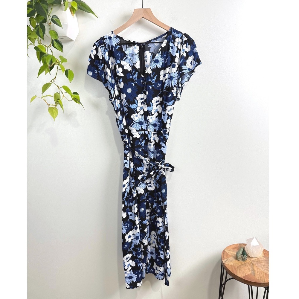 Talbots Blue Floral V-Neck Midi Dress Short Sleeve Belted Size 12 Feminine